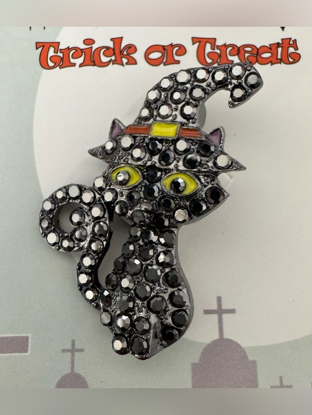 Black Crystal Cat Brooch with Yellow Enamel Eyes classy